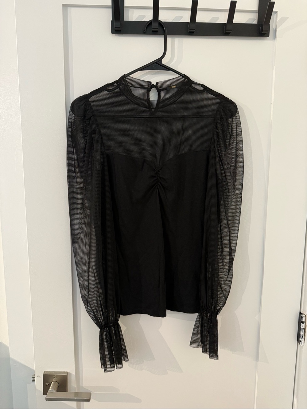 Maje Black Sheer Mesh Long-Sleeve Top with Ruched Front